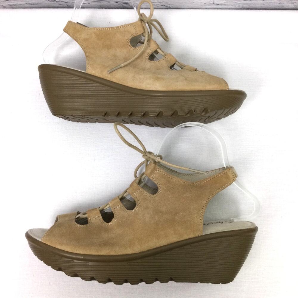 Skechers Boho Chic Minimalist Leather Lace Up Tan Slingback 2.5" Wedge Sandal 9 - Picture 6 of 11